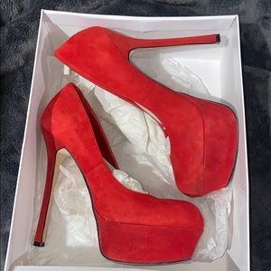 Red suede platform heels